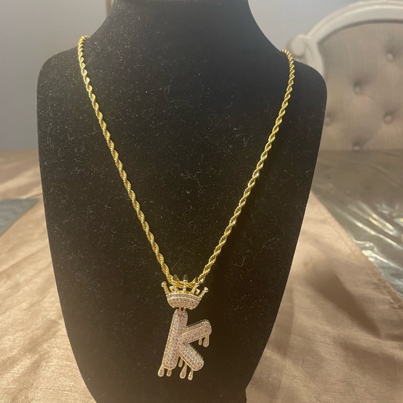 Jewelry - Gold Plated Crowned Dripping Bubble “K” Initial & Necklace Micropave